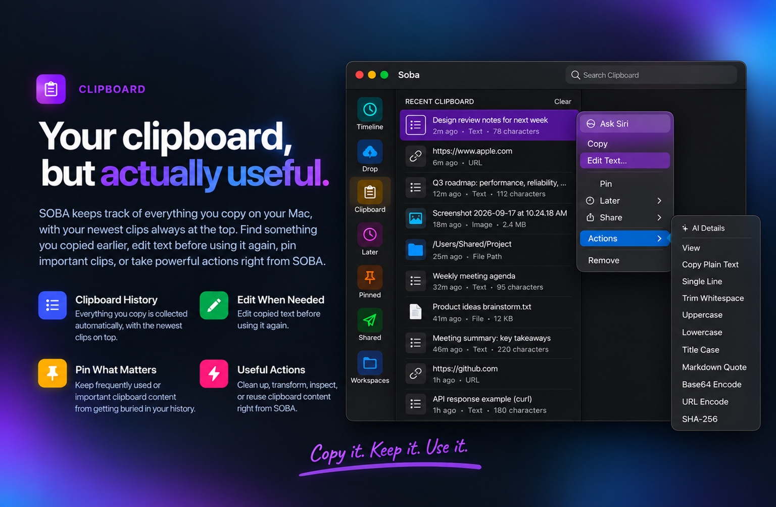 SOBA Clipboard History with Edit Text, Pin, and clipboard Actions